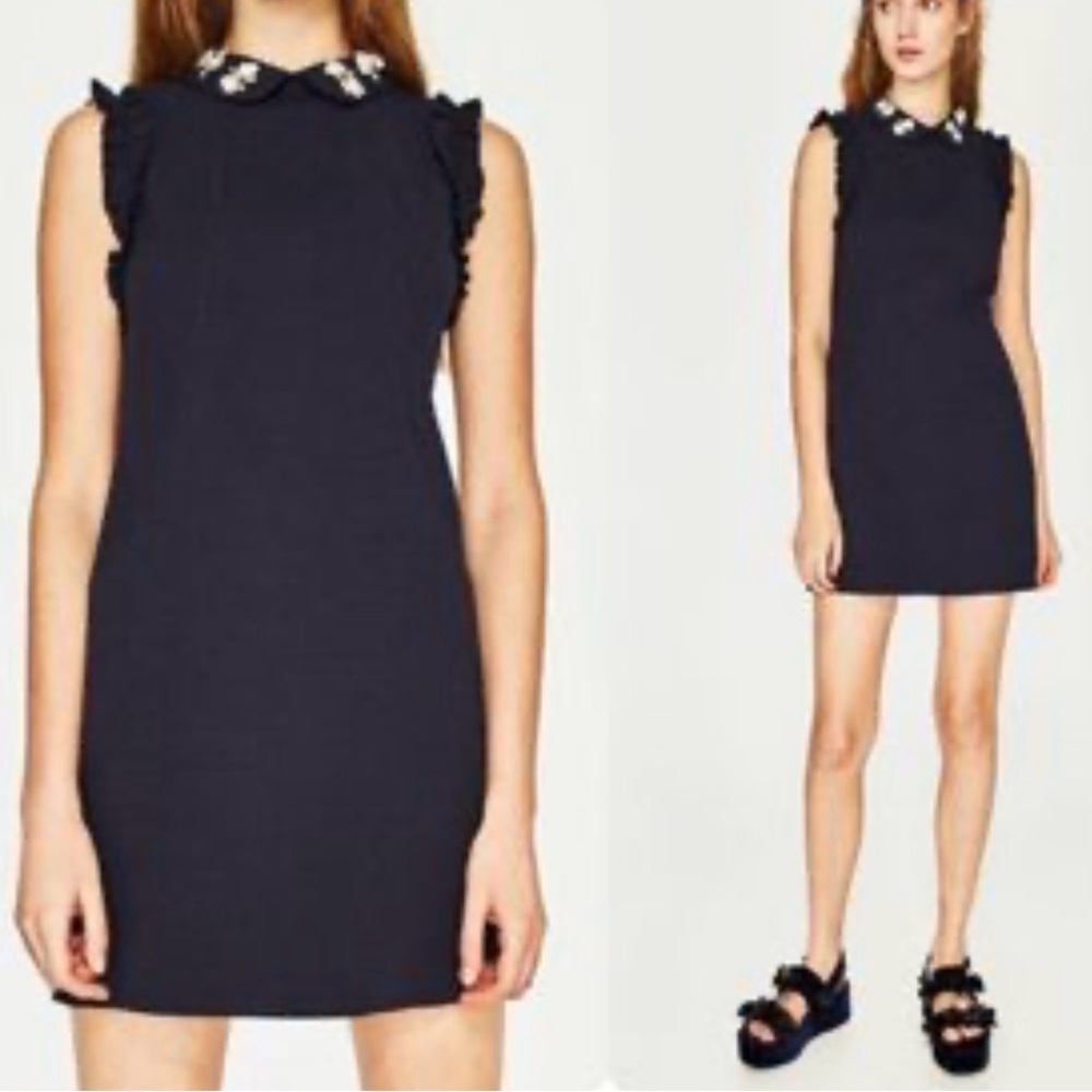 Zara Navy Sleeveless Mini beaded bumblebee Peter Pan Collar